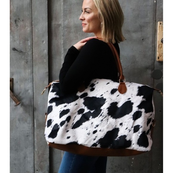 Handbags - Cow Hide Print Weekender Faux Leather Travel Bag